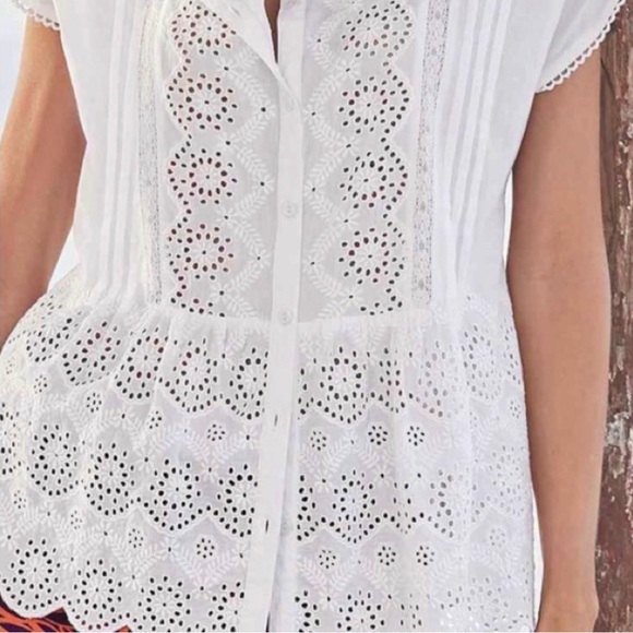 Sundance Art of Eyelet 100% Cotton Top XL Boho Prairie Coastal Lace Peplum NWOT - Picture 2 of 13